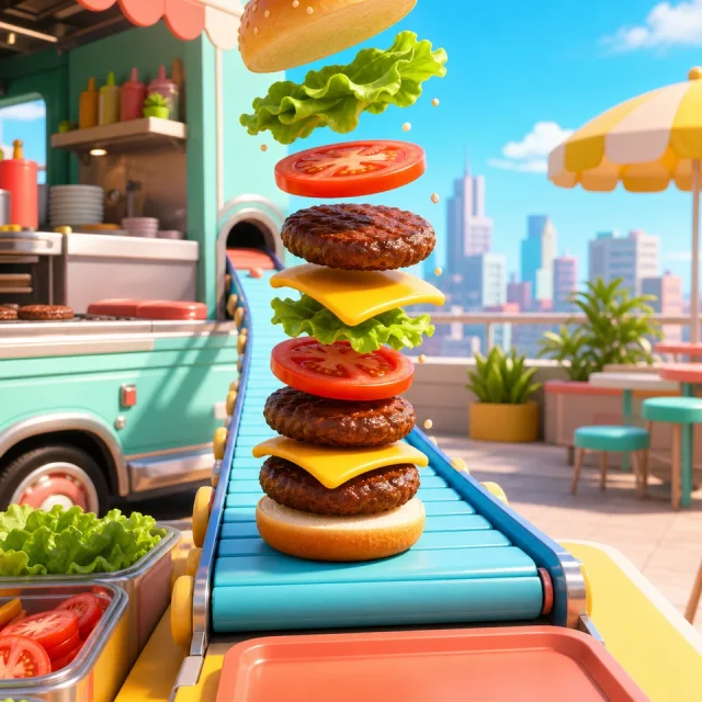 Burger Stack 3D gameplay scene from the authorized PIXORA artwork.