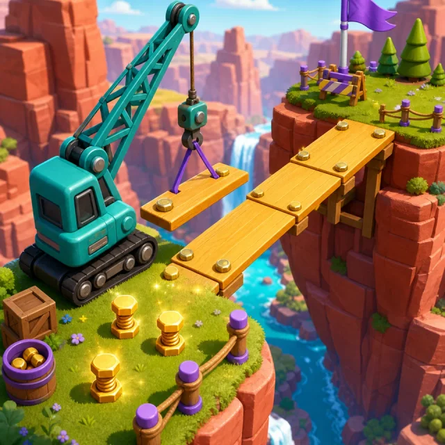 A wooden bridge spanning colorful canyon plateaus above a river.