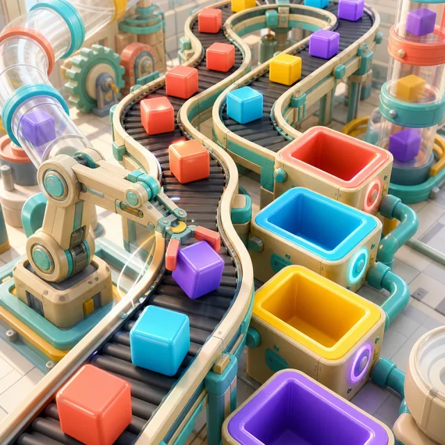 Factory Sort 3D gameplay scene from the authorized PIXORA artwork.