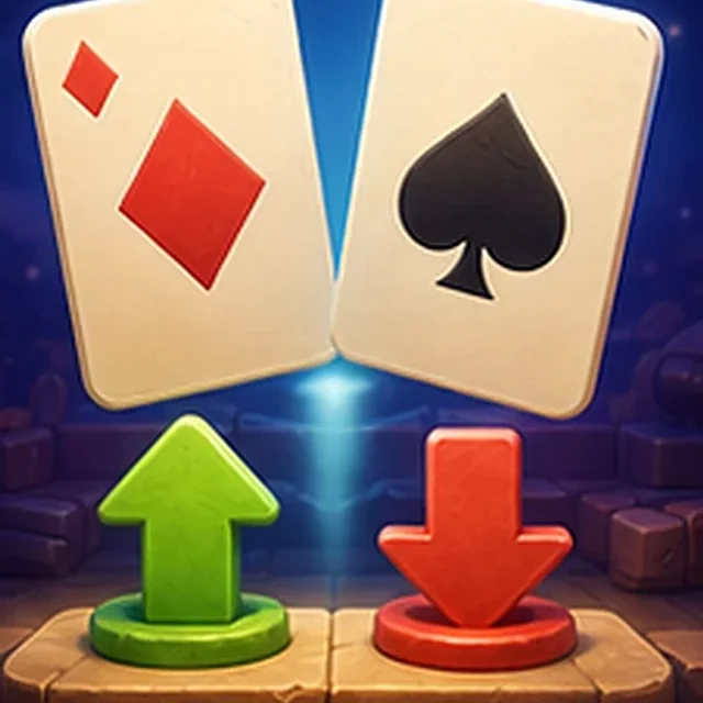 A luminous playing card on a dark higher-or-lower table.