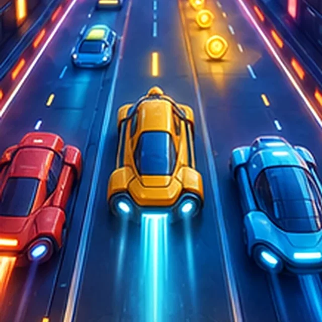 A cyan car weaving between red blocks on a three-lane road.