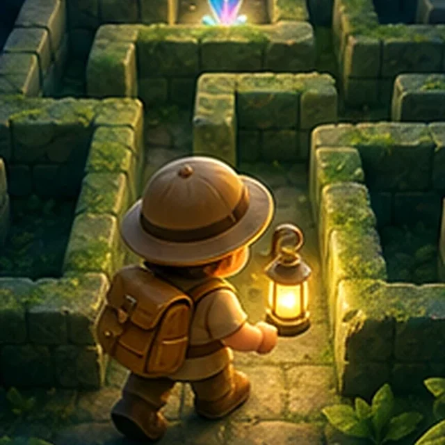 A glowing route winding through a compact blue maze.