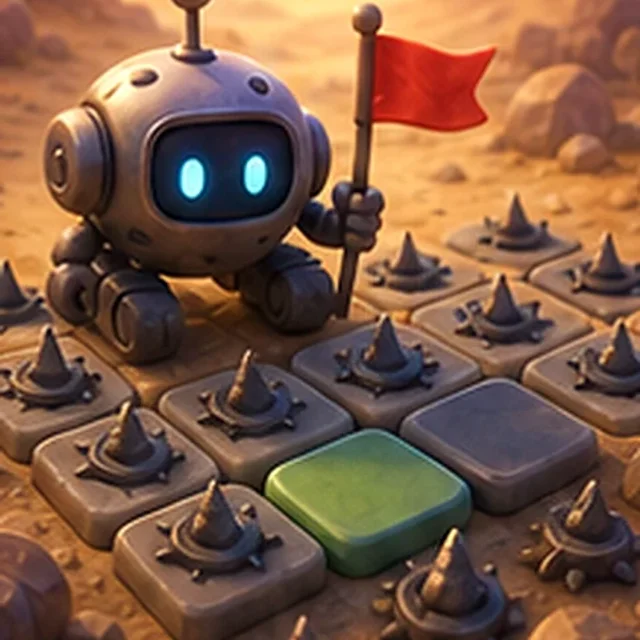 A compact minefield grid with numbered safe cells and flagged hazards.