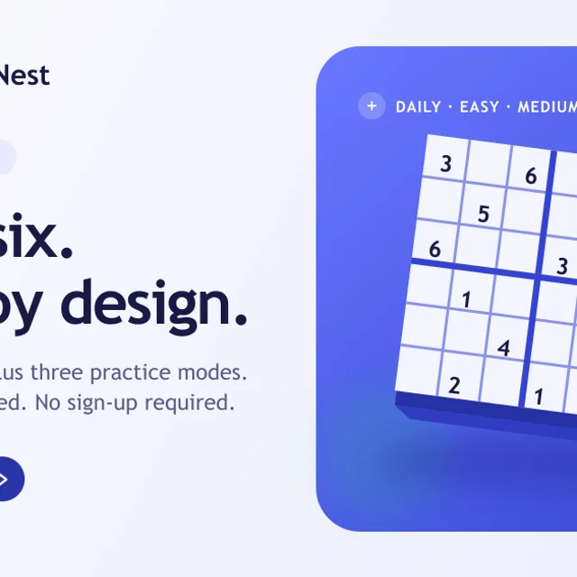 A compact six-by-six Sudoku board with indigo numbers and three-by-two boxes.