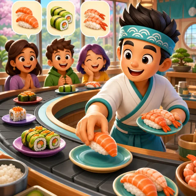 Sushi Rush 3D gameplay scene from the authorized PIXORA artwork.