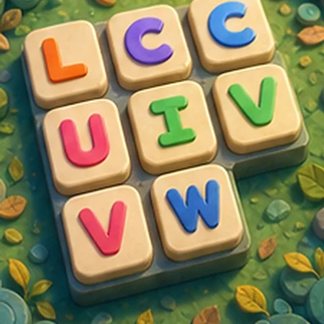 Scrambled neon letters above four possible English words.